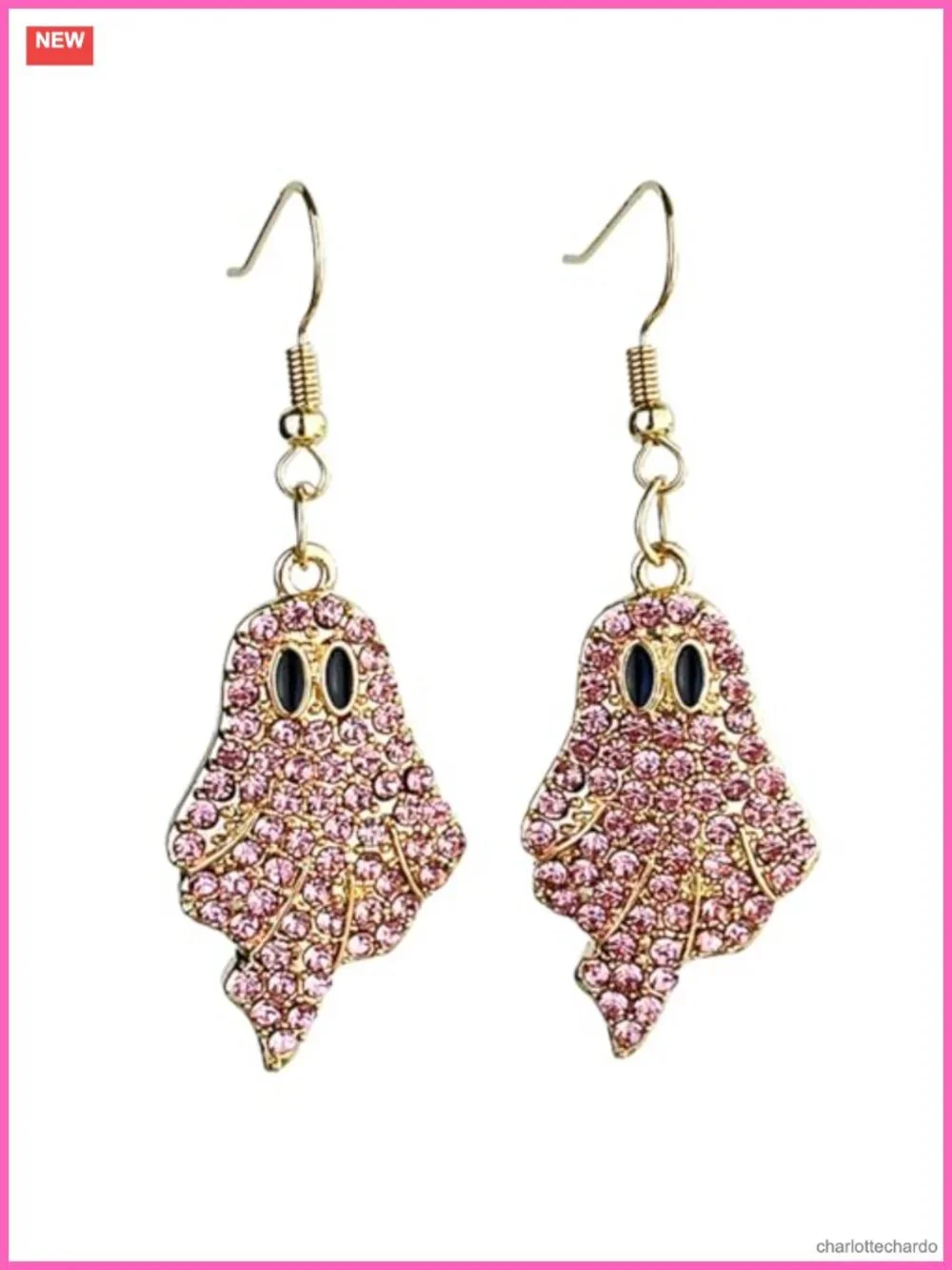 Ghost Dangle Drop Earrings Rhinestone Gold Tone Halloween Jewelry